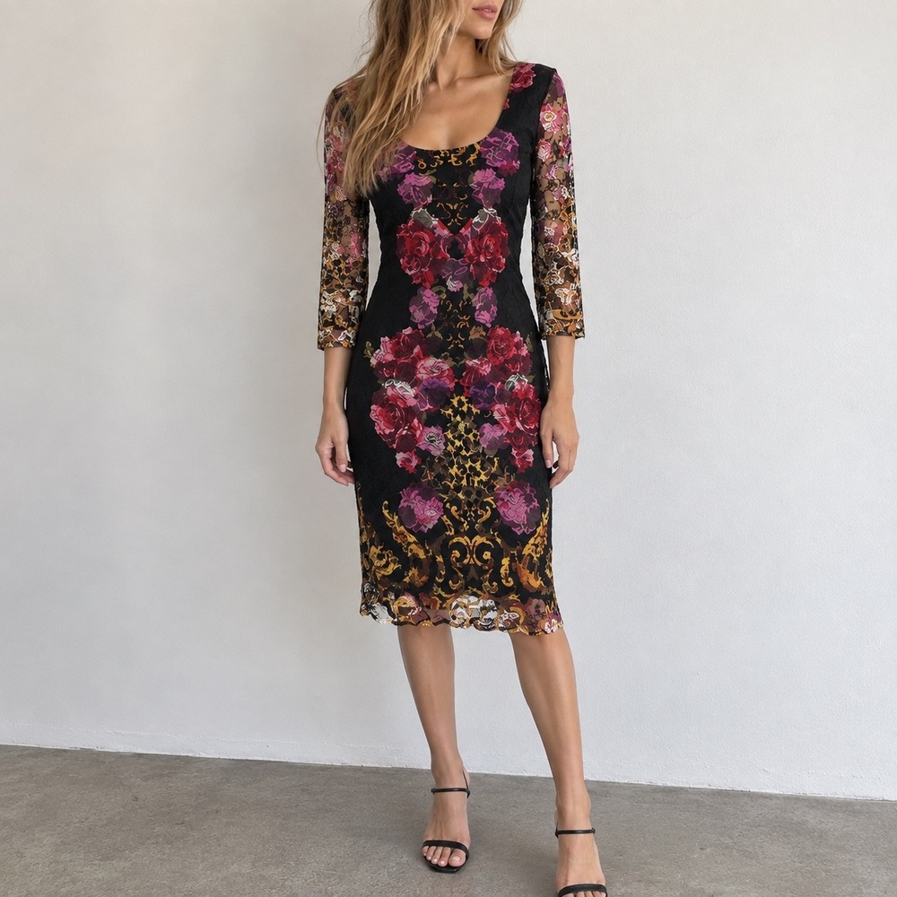 Venus Black Floral Lace Sheath Dress Floral Print Size S Romantic Whimsigoth